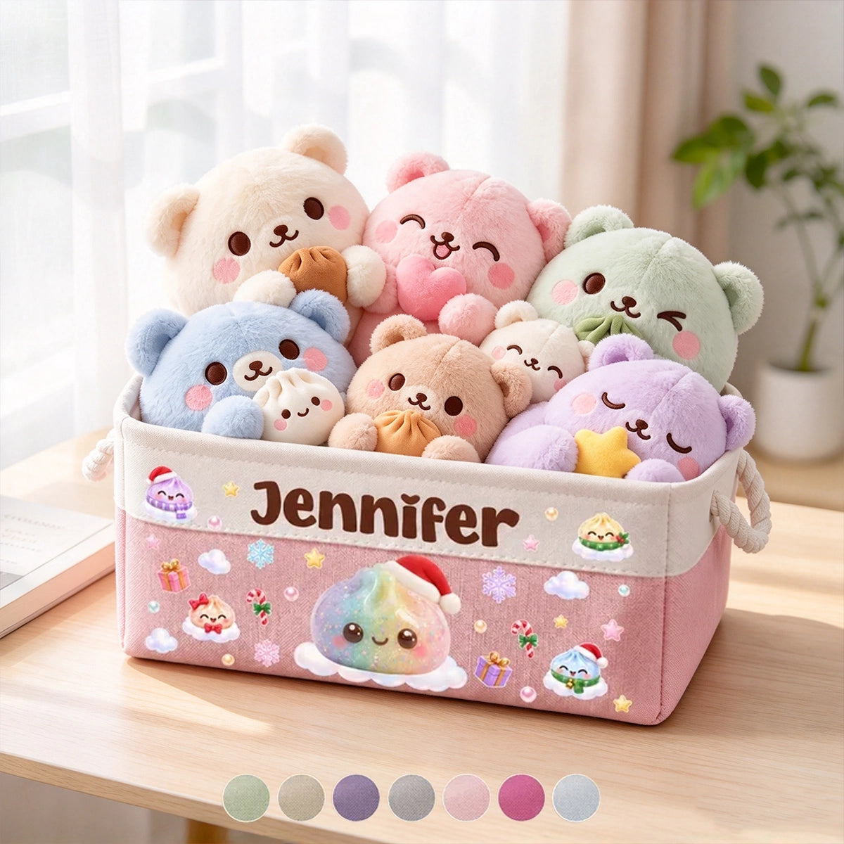 Personalized Rope Basket with Pastel Christmas Dumplings, Unique Toy Storage Gift for Kids