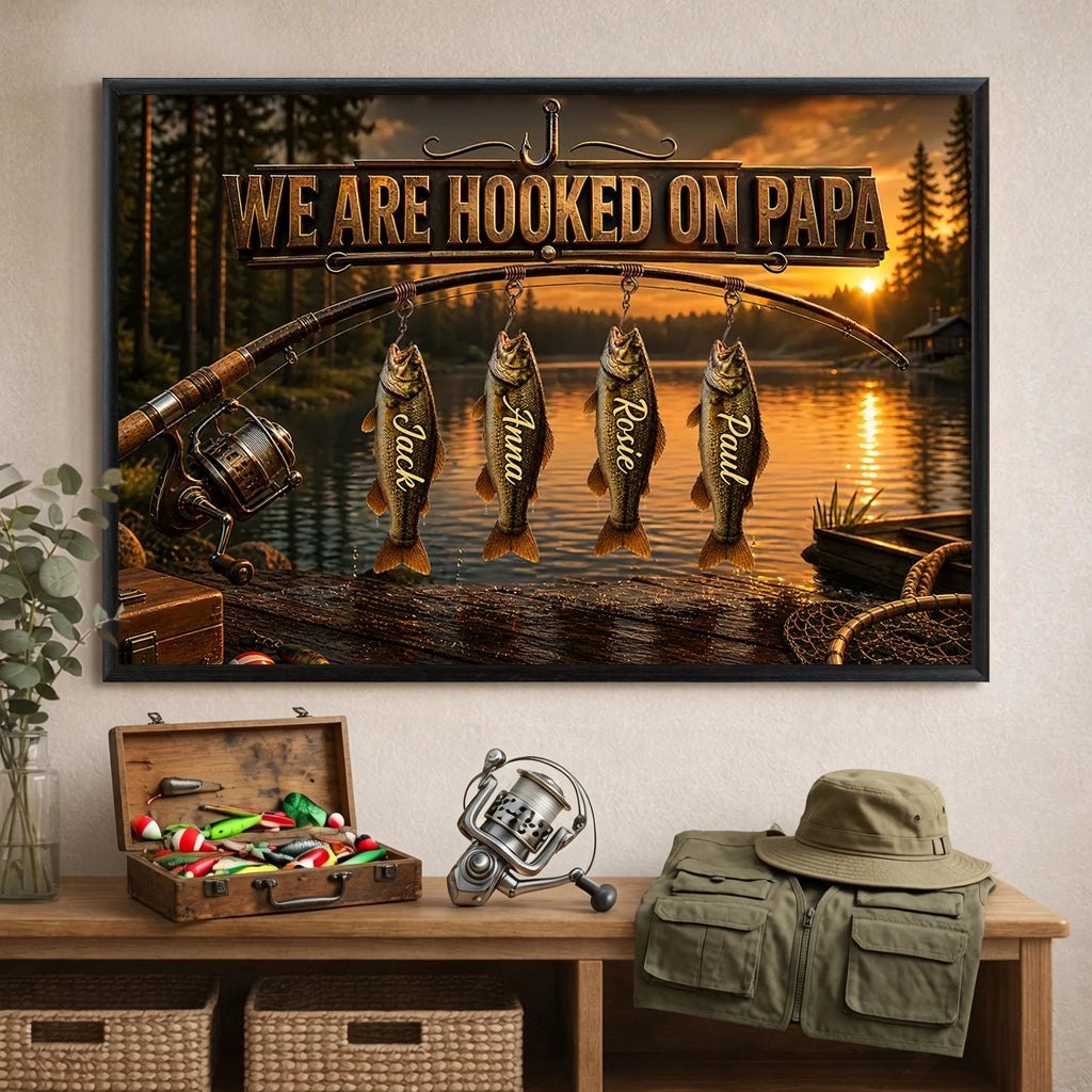 Fishing Rod Sunset Lake Poster, We Are Hooked On Papa, Unique Gift For Dad