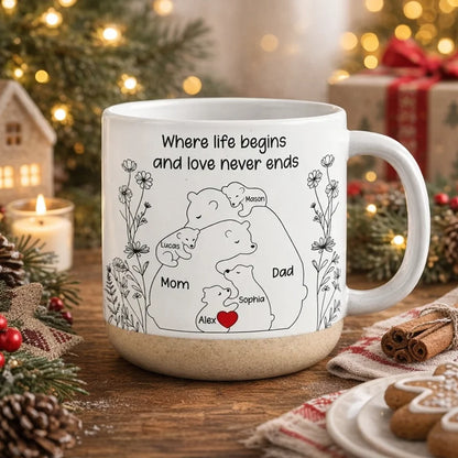 Pottery Mug with Where Life Begins Quote and Nestled Bears, Personalized Creative Gift for Family