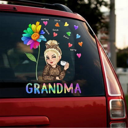 Grandma Sticker Decal, Personalized Winking Cartoon for a Car Window, Creative Family Gift with Colorful Hearts