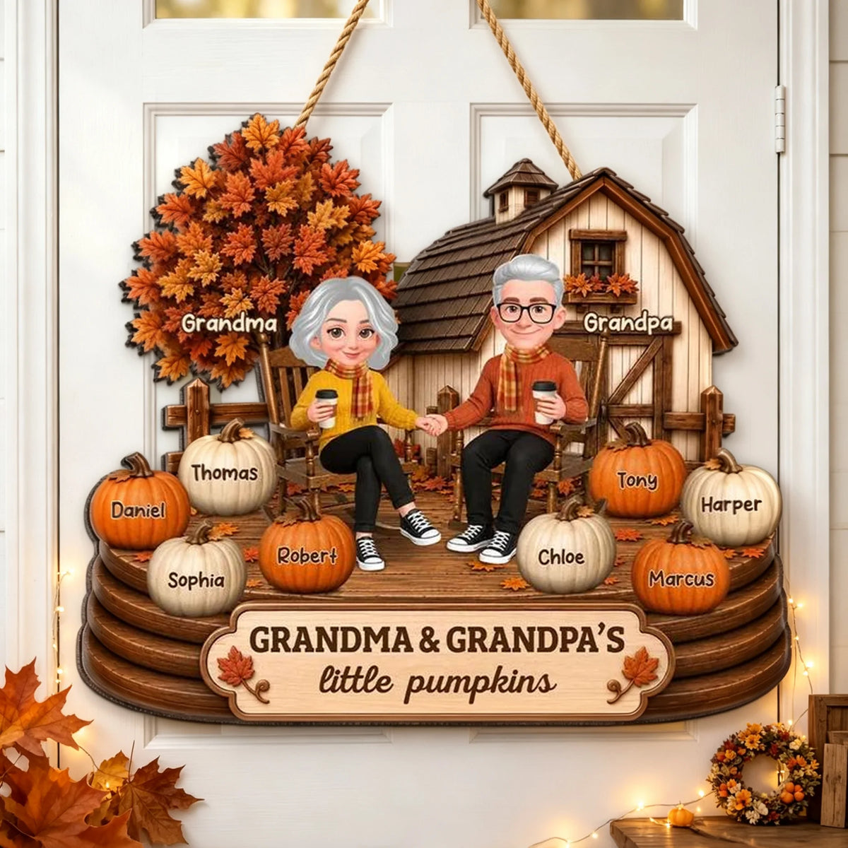 Personalized Wooden Sign, Grandparents Holding Hands on an Autumn Porch, Unique Gift for Grandma & Grandpa