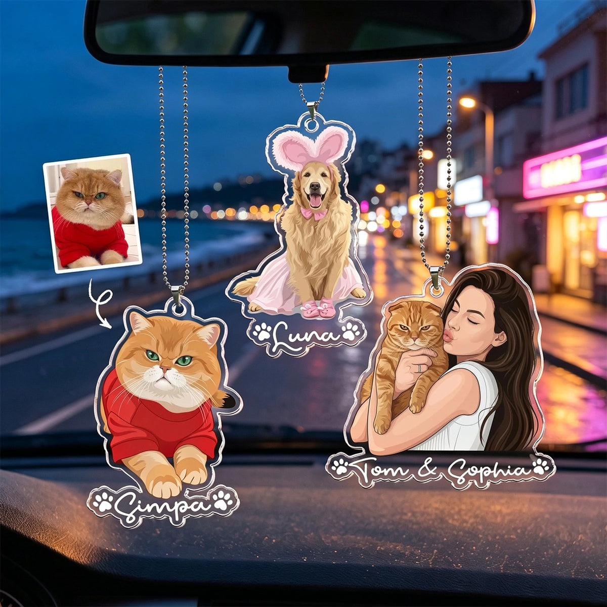 Acrylic Car Hanger with Custom Pet Art, Cute Rearview Mirror Accent, Creative Gift for Dog & Cat Lovers