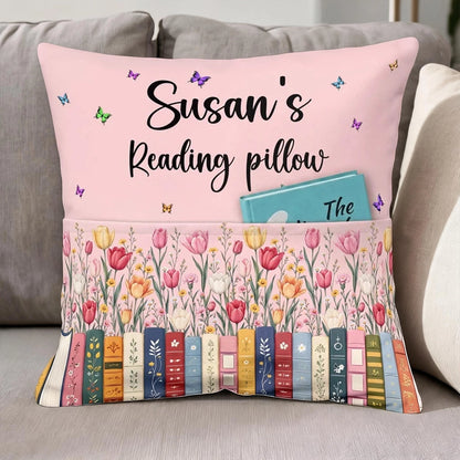 Personalized Square Pillow with Pink Floral Bookshelf and Butterflies, Unique Gift for Book Lovers