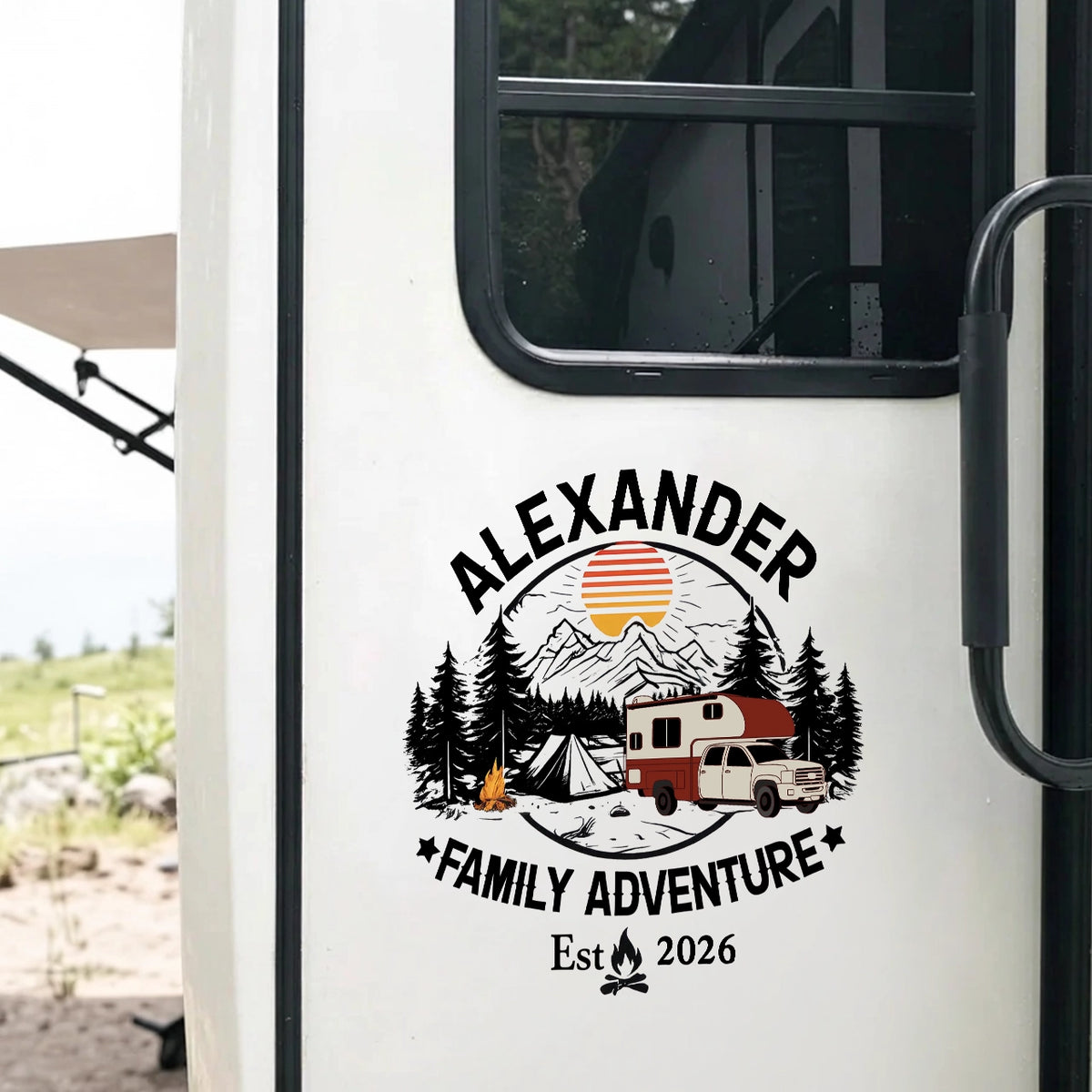 Personalized Family Adventure Sticker Decal for RV or Camper, Mountain Sunset Camping Scene, Unique Custom Gift
