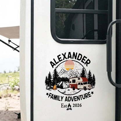 Personalized Family Adventure Sticker Decal for RV or Camper, Mountain Sunset Camping Scene, Unique Custom Gift
