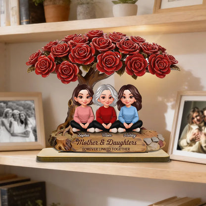 Personalized 2-Layer Wooden Plaque Rose Tree Mom and Daughters Cute Cartoon Keepsake, Unique Gift for Mom