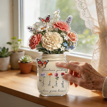 Personalized Shaped Acrylic Block Plaque Grandma's Garden Flower Jar for Shelf Decor, Unique Mother's Day Gift for Grandma