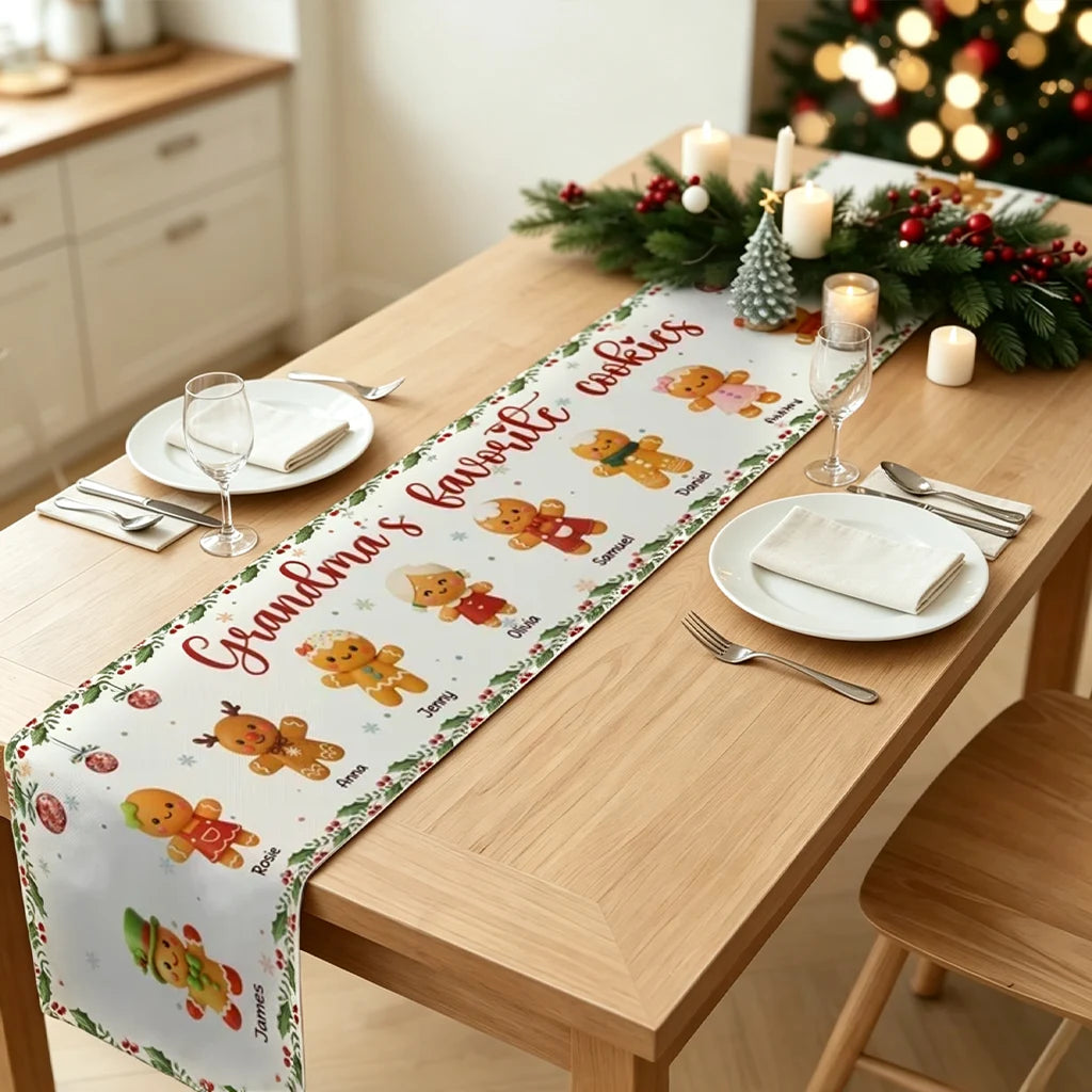 Personalized Gingerbread Family Table Runner, Festive Christmas Table Decor, Unique Gift for Grandma