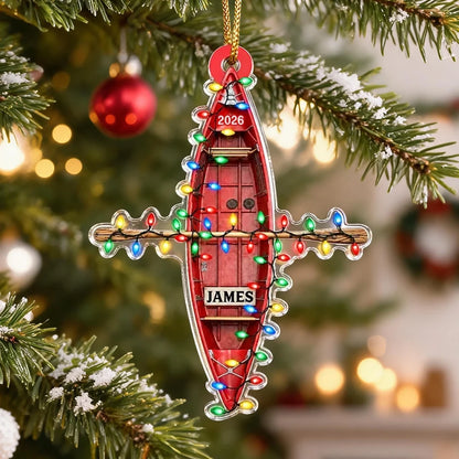 Personalized Red Kayak Acrylic Ornament with Christmas Lights, Unique Gift for Boating Fans