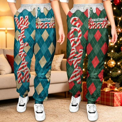 Personalized Sweatpants, Christmas Crew Candy Cane Argyle, Unique Gift for Relaxed Christmas at Home