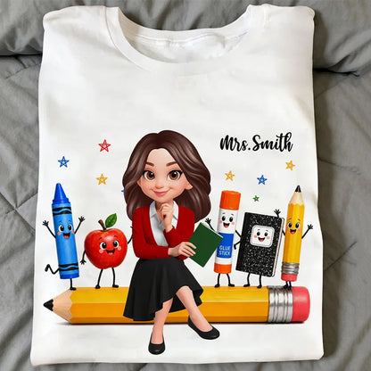 Personalized Teacher Classic Tee With Cartoon School Supplies, Unique Back to School Gift