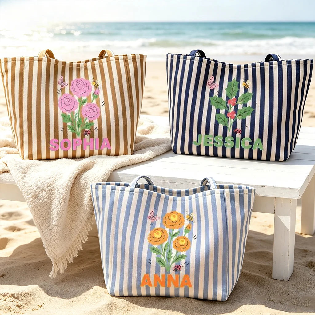 Personalized Striped Pocket Tote Bag with Birth Month Flowers, Sunlit Beach Style, Unique Gift for Wife, Daughter or Friend
