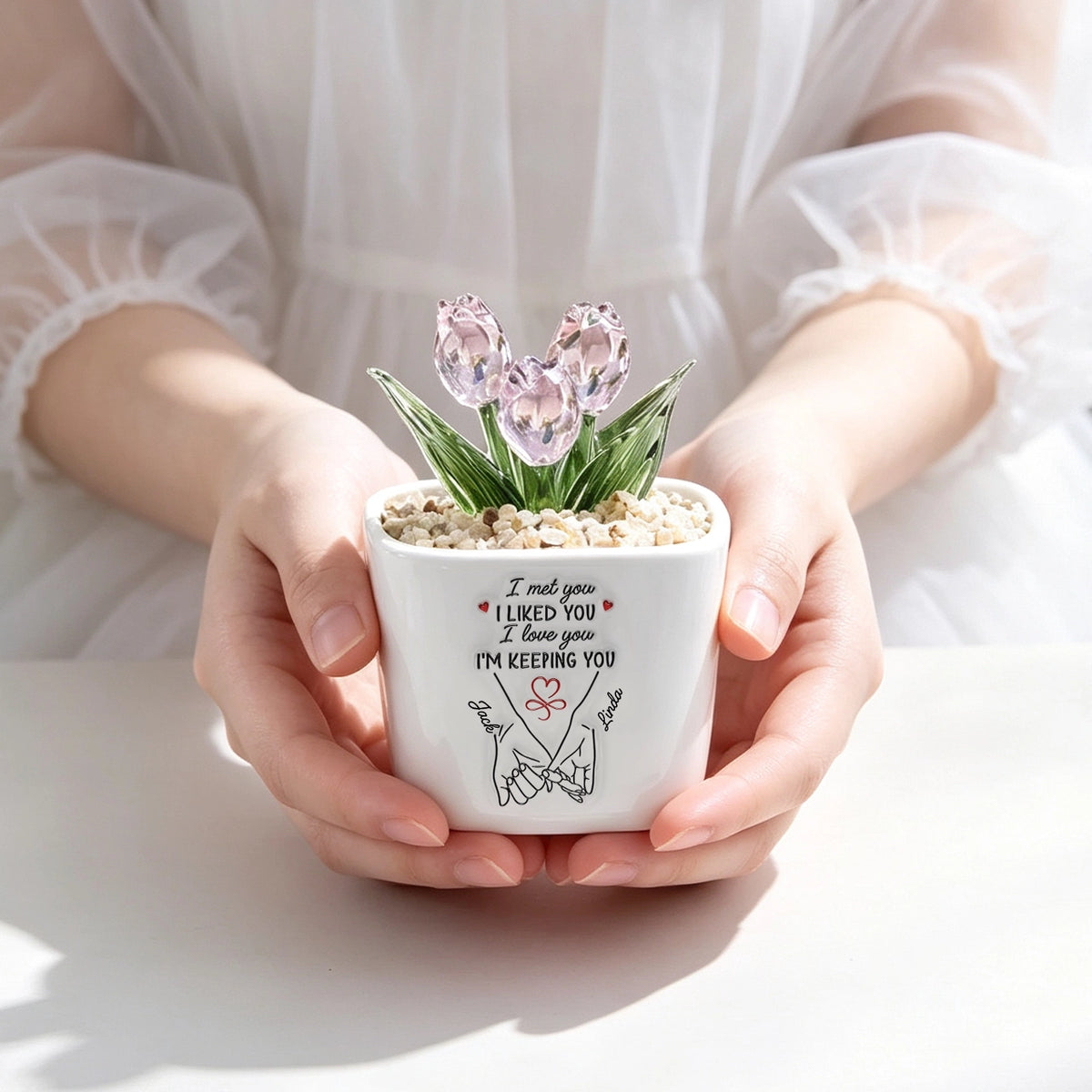 Personalized Square Glass Planter with Pastel Tulips & Holding Hands Art, Unique Creative Gift for Couple