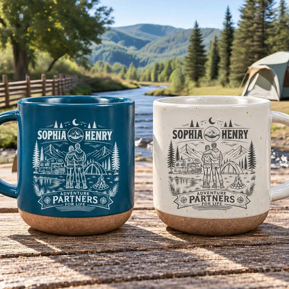 Personalized Pottery Mug, Embracing Couple at a Mountain Campsite, Unique Gift for Adventure Partners