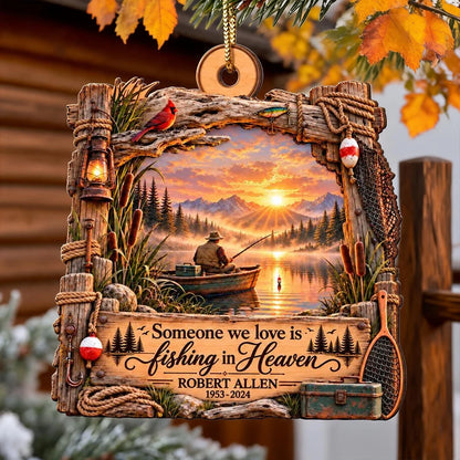 Personalized Wooden Ornament, Sunset Fishing Memorial Scene, Unique Sympathy Gift for Family
