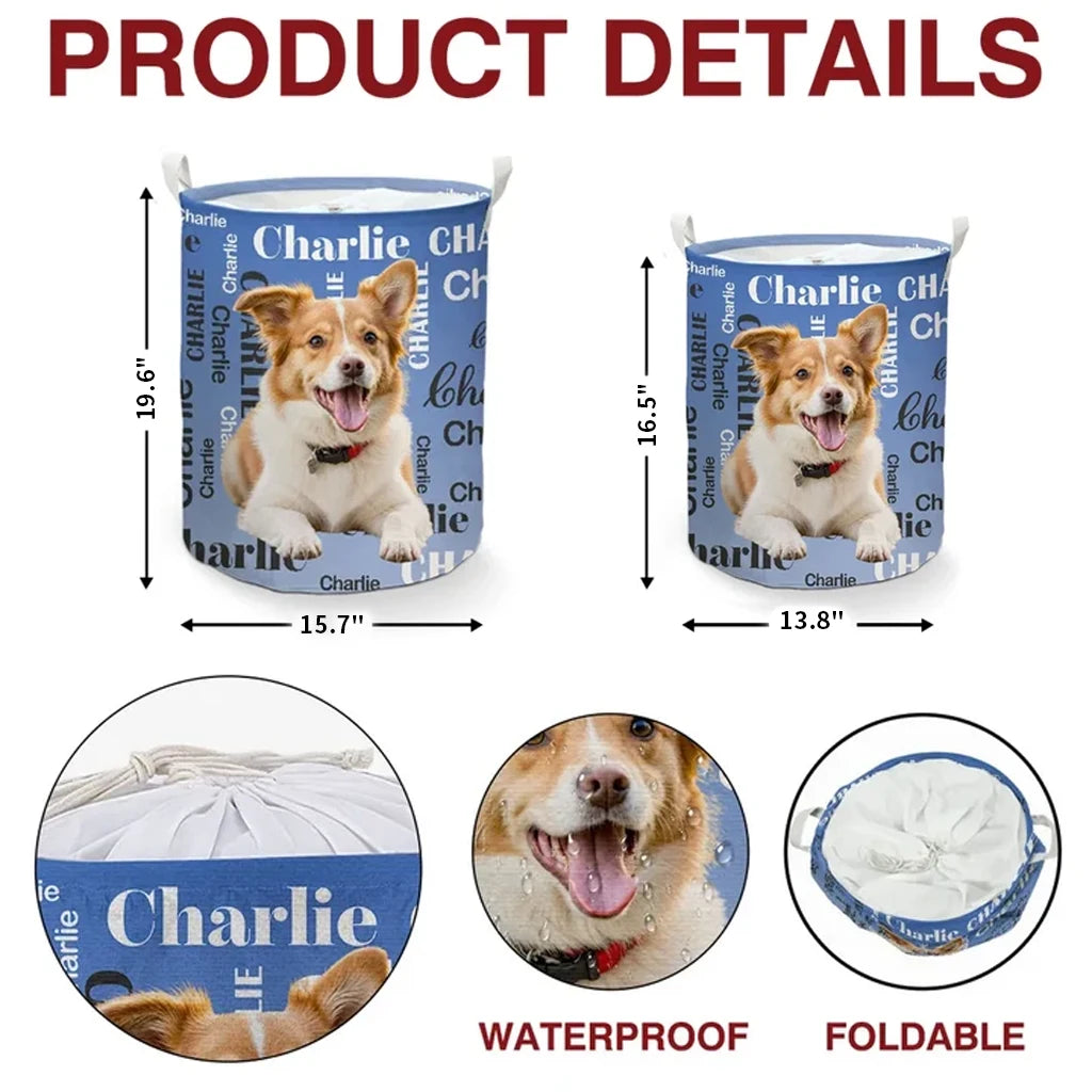 Personalized Round Waterproof Storage Basket, Waving Dog Portrait Organizer, Unique Gift for Pet Owners