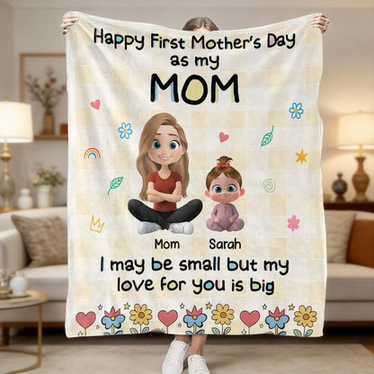 Happy First Mother's Day Personalized Fleece Blanket, Sweet Mom and Baby Illustration, Cozy Keepsake Gift for New Moms