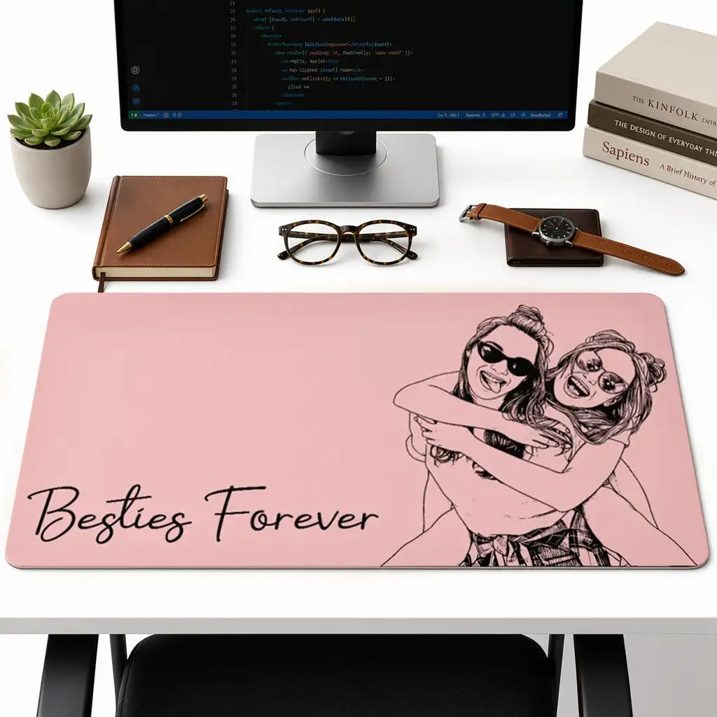 Leather Desk Mat, Personalized Friendship Quote Design with Hugging Friends, Creative Gift for Workspaces