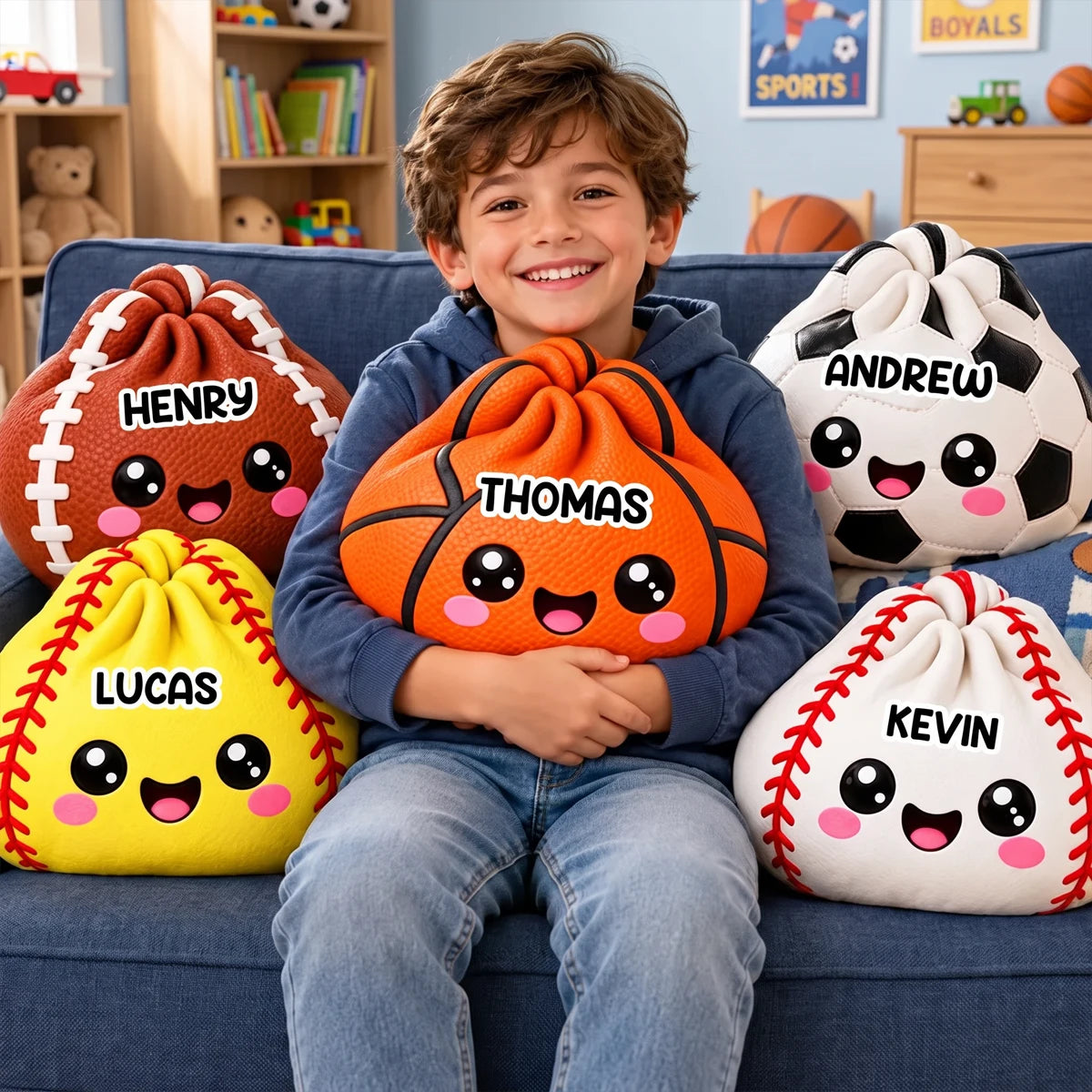 Personalized Sports Ball Shaped Pillow, Hugged by a Smiling Child on a Cozy Sofa, Unique Gift for Sports Fans