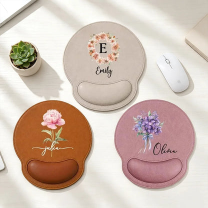 Personalized Birth Flower Wrist Rest Mouse Pad, Monogram Desk Decor, Unique Gift for Her