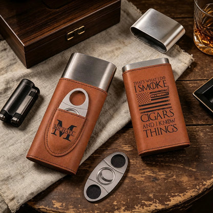 Personalized Leather Cigar Case with Cutter, I Smoke Cigars Quote, Unique Gift for Him
