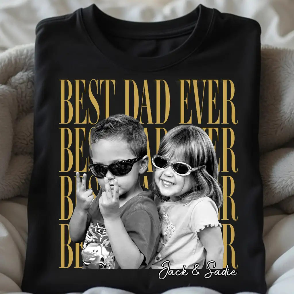 Best Dad Ever Classic Tee, Custom Photo Shirt With Playful Kids in Sunglasses, Creative Gift for Dad