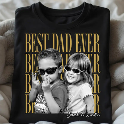 Best Dad Ever Classic Tee, Custom Photo Shirt With Playful Kids in Sunglasses, Creative Gift for Dad