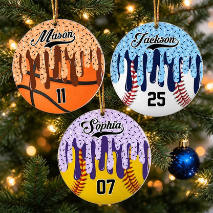 Personalized Acrylic Ornament, Ice Cream Drip Sports Design on a Lit Christmas Tree, Unique Gift for Young Athletes