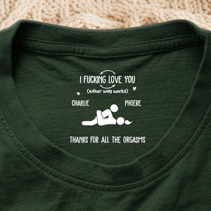 Personalized Classic Tee, Funny Intimate Couple Pose Graphic, Dark Green Unique Gift for Husband