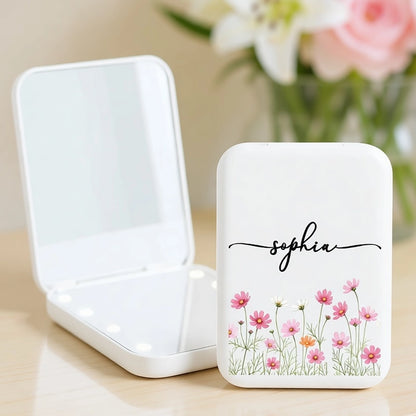 Personalized LED Pocket Mirror With Pink Floral Art, Unique Creative Gift For Sister Or Friend