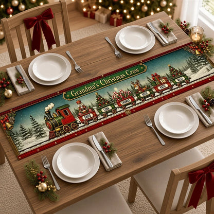 Personalized Christmas Train Table Runner, Vintage Red & Green Snowy Scene, Unique Gift for Grandma