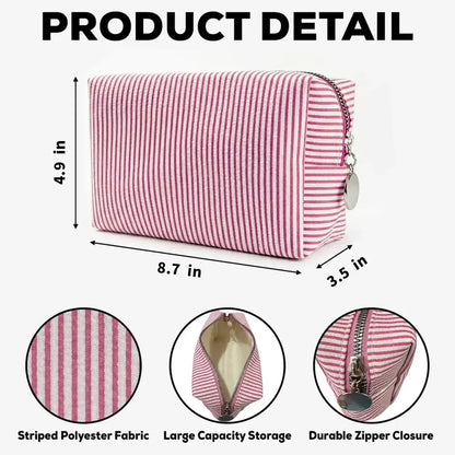 Personalized Stripes Makeup Bag, Sitting Cartoon Girl & Floral Rose Design, Unique Gift for Her