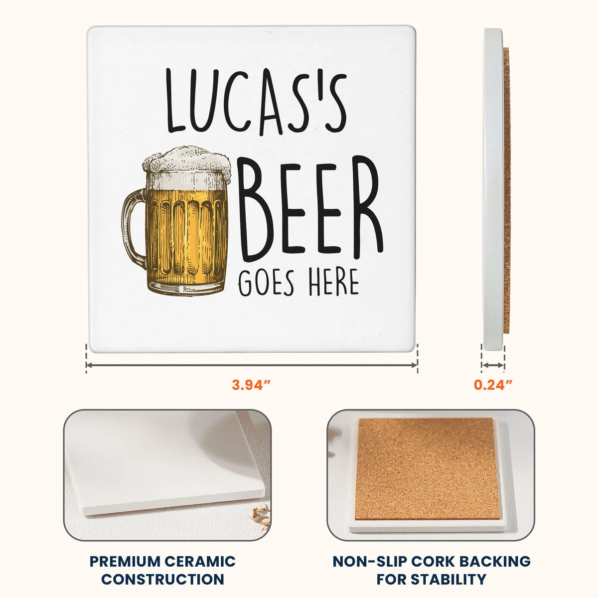 Personalized Round Ceramic Coaster with Custom Drink Text and Cocktail Illustration, Funny Bar Cart Decor, Unique Gift for Him or Her