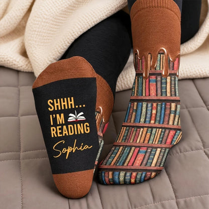 Personalized Crew Socks, Shhh I'm Reading Bookshelf Design, Unique Gift for Book Lovers