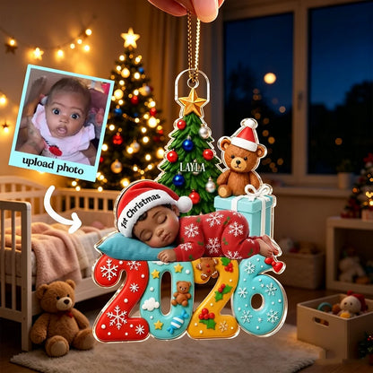 Personalized Acrylic Ornament with Sleeping Baby and Christmas Tree, Unique Christmas Gift for New Parents