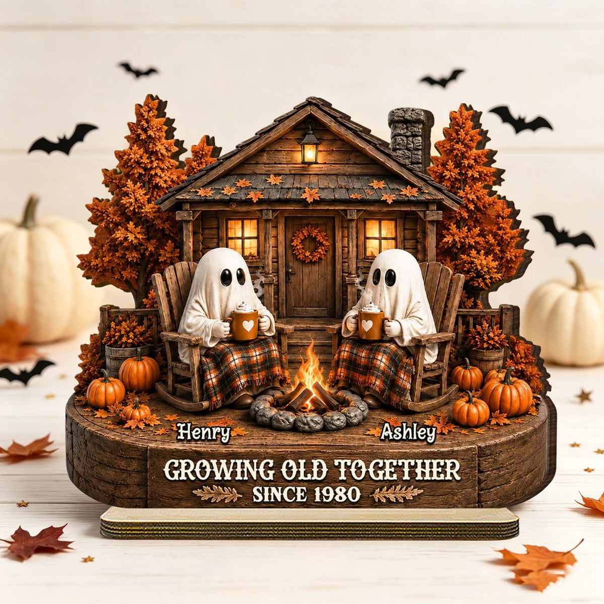 Personalized 2-Layer Wooden Plaque, Ghost Couple by Campfire, Unique Halloween Gift for Couples
