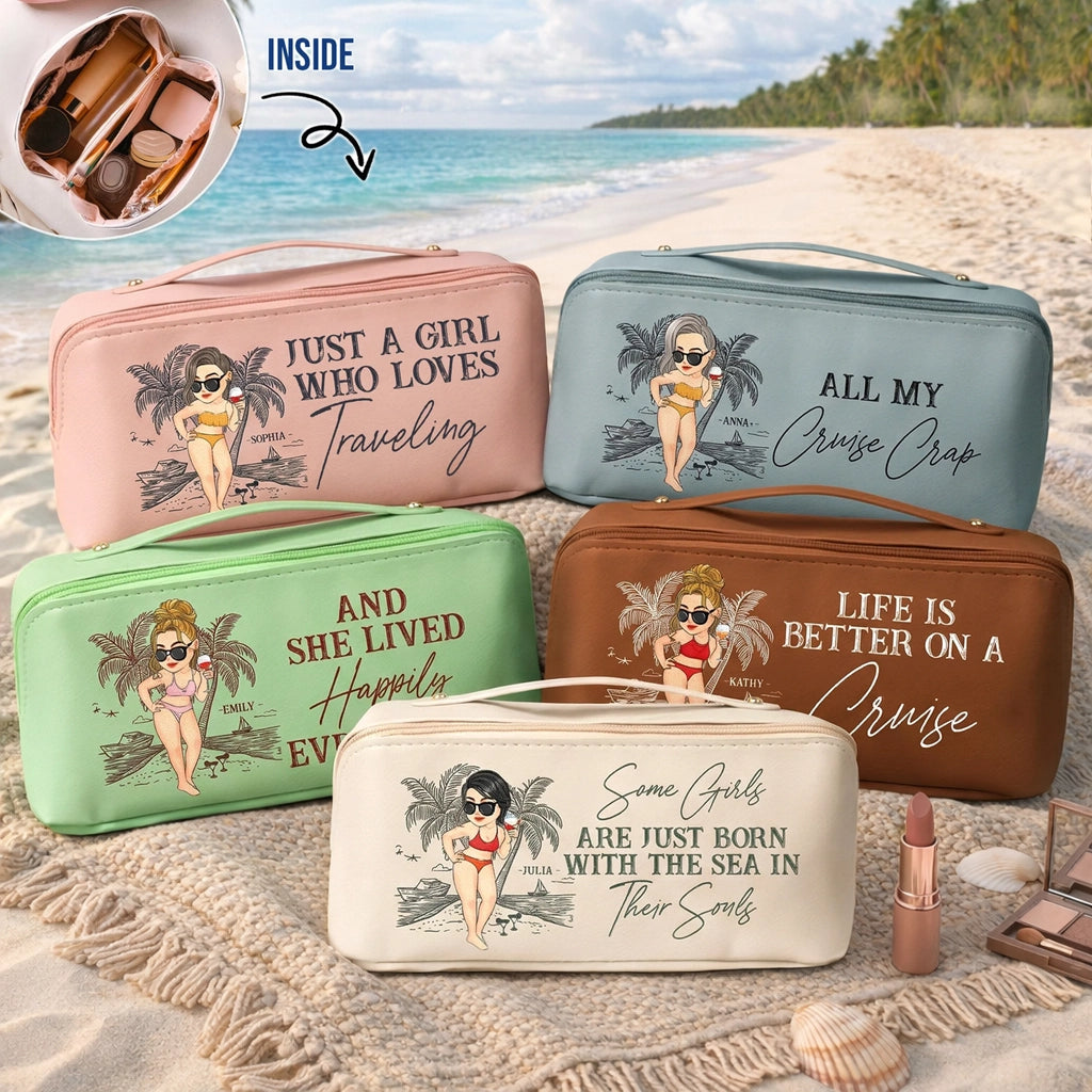 Personalized Leather Makeup Bag for Travel Lovers, Beach Girl Quote Design, Unique Gift for Her
