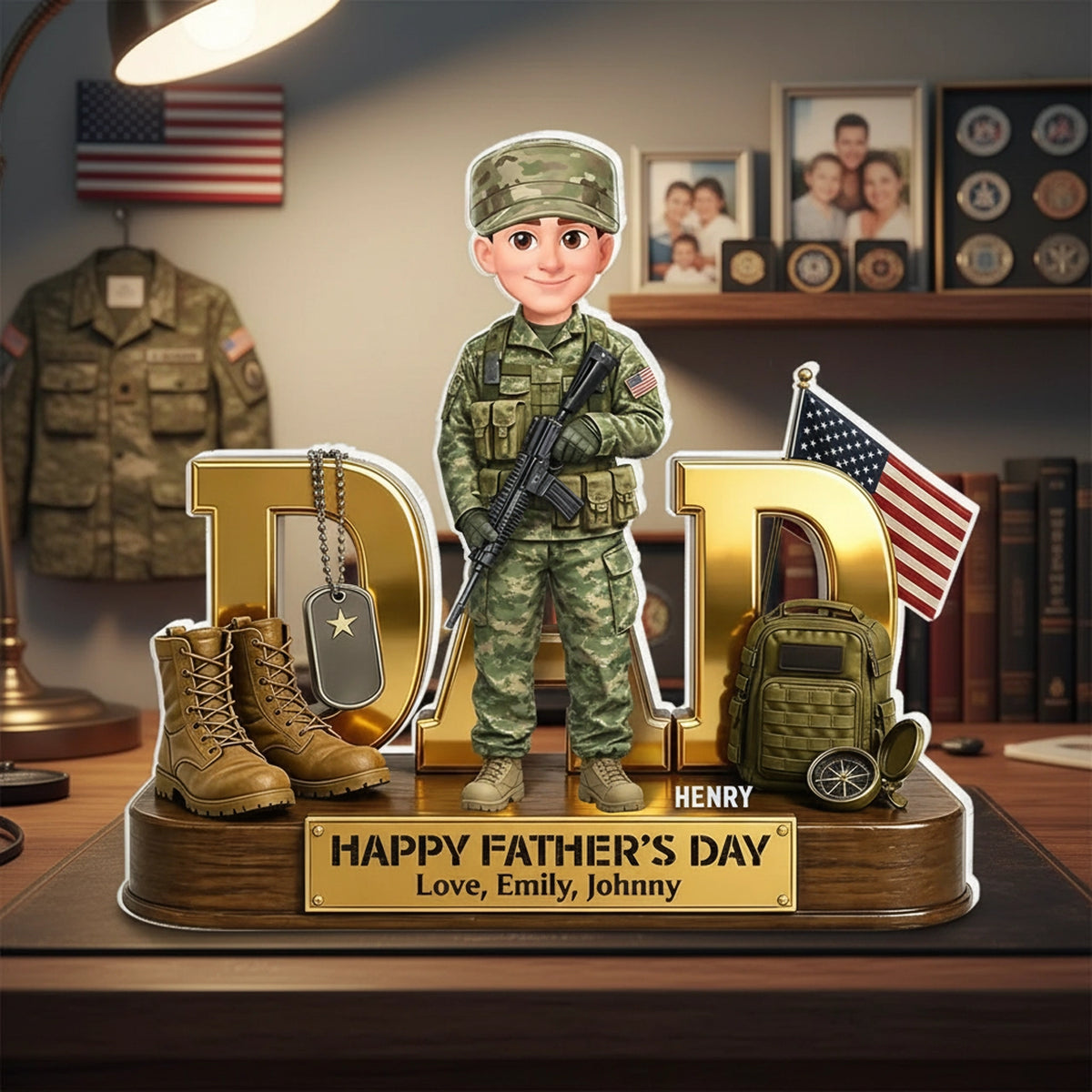 Personalized Shaped Acrylic Block Plaque Army Dad with US Flag & Gear, Father's Day Desk Decor, Unique Gift for Dad