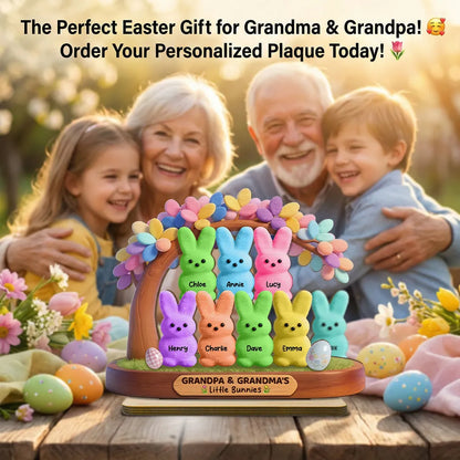 Personalized 2-Layer Wooden Plaque for Grandpa & Grandma, Cute Bunny Family Under Flower Tree, Unique Gift