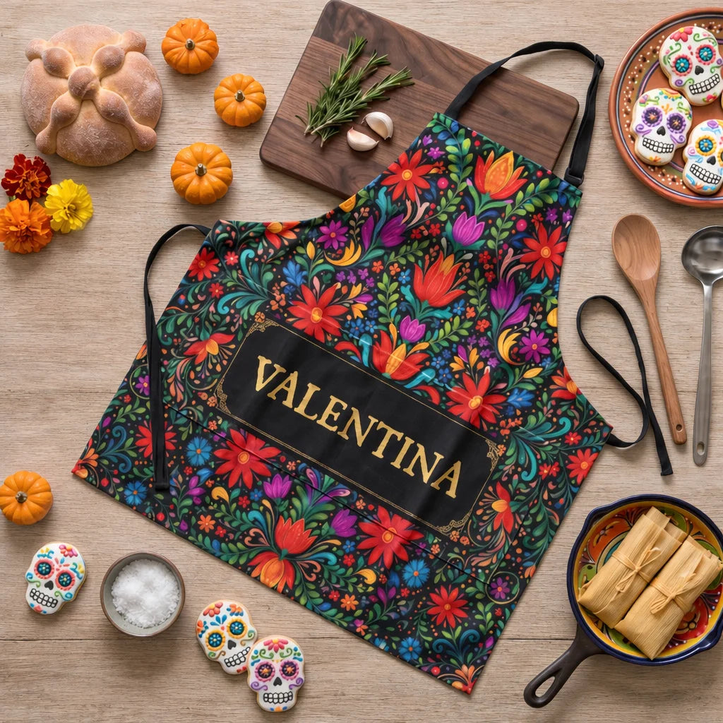 Personalized Waterproof Apron, Vibrant Mexican Folk Florals, Unique Gift for Home Cooks