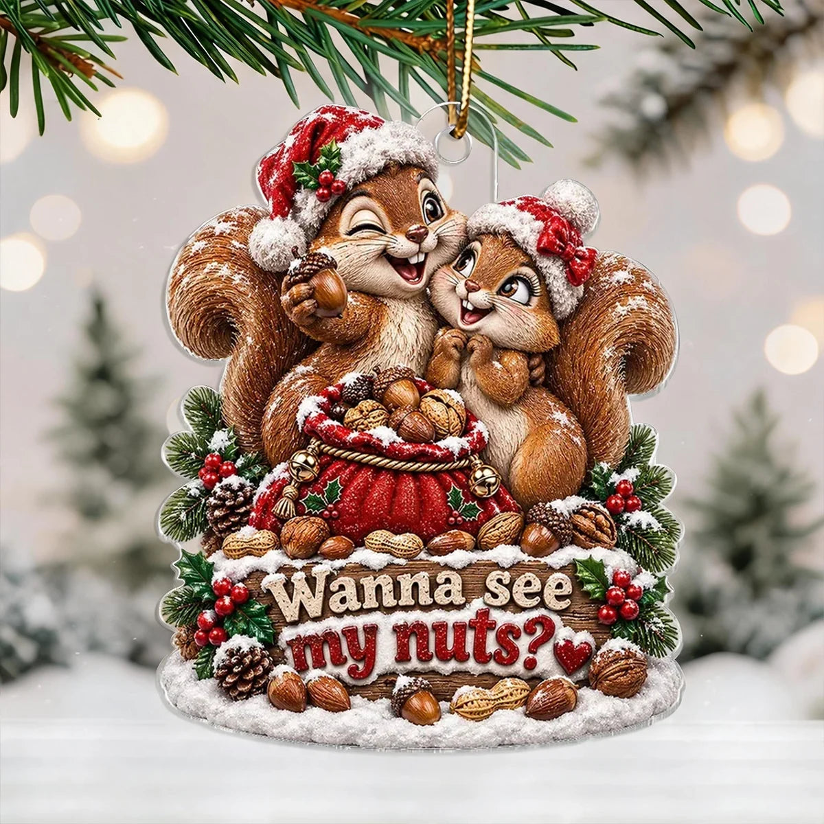 Personalized Acrylic Ornament with Cuddling Christmas Squirrels, Creative Gift for Couples