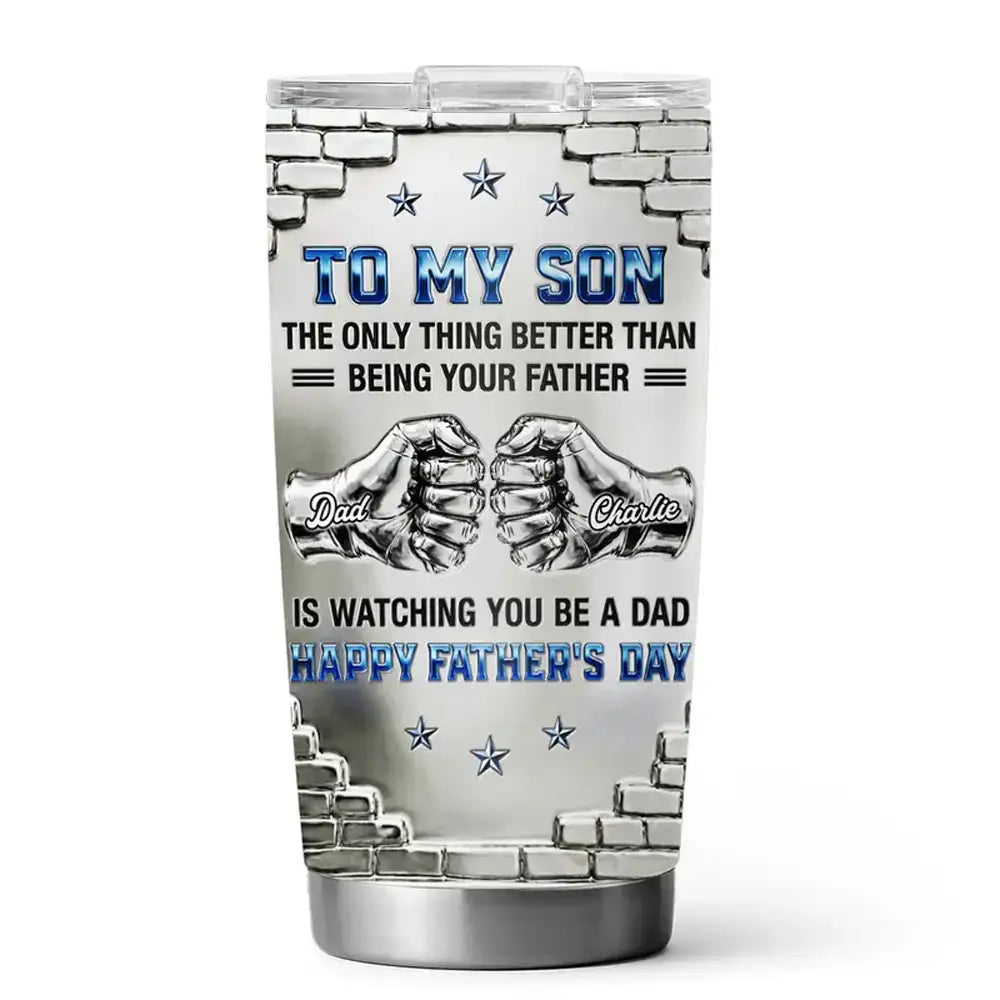 Personalized Insulated Travel Tumbler, Father Son Fist Bump Art, Unique Father's Day Gift for Son