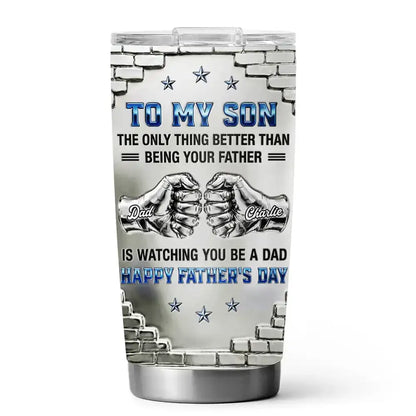 Personalized Insulated Travel Tumbler, Father Son Fist Bump Art, Unique Father's Day Gift for Son