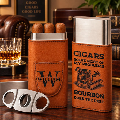 Leather Cigar Case, Cigars and Bourbon Humor in Warm Brown, Unique Personalized Gift for Him