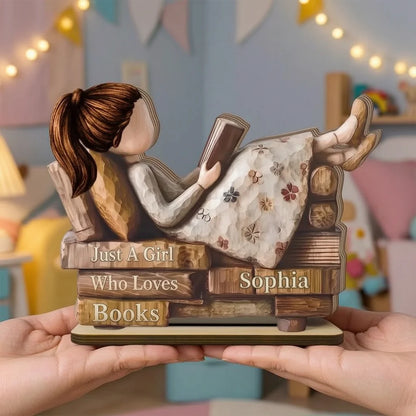 Personalized Wooden Plaque, Just A Girl Who Loves Books, Cozy Reading Scene, Unique Gift for Women Readers