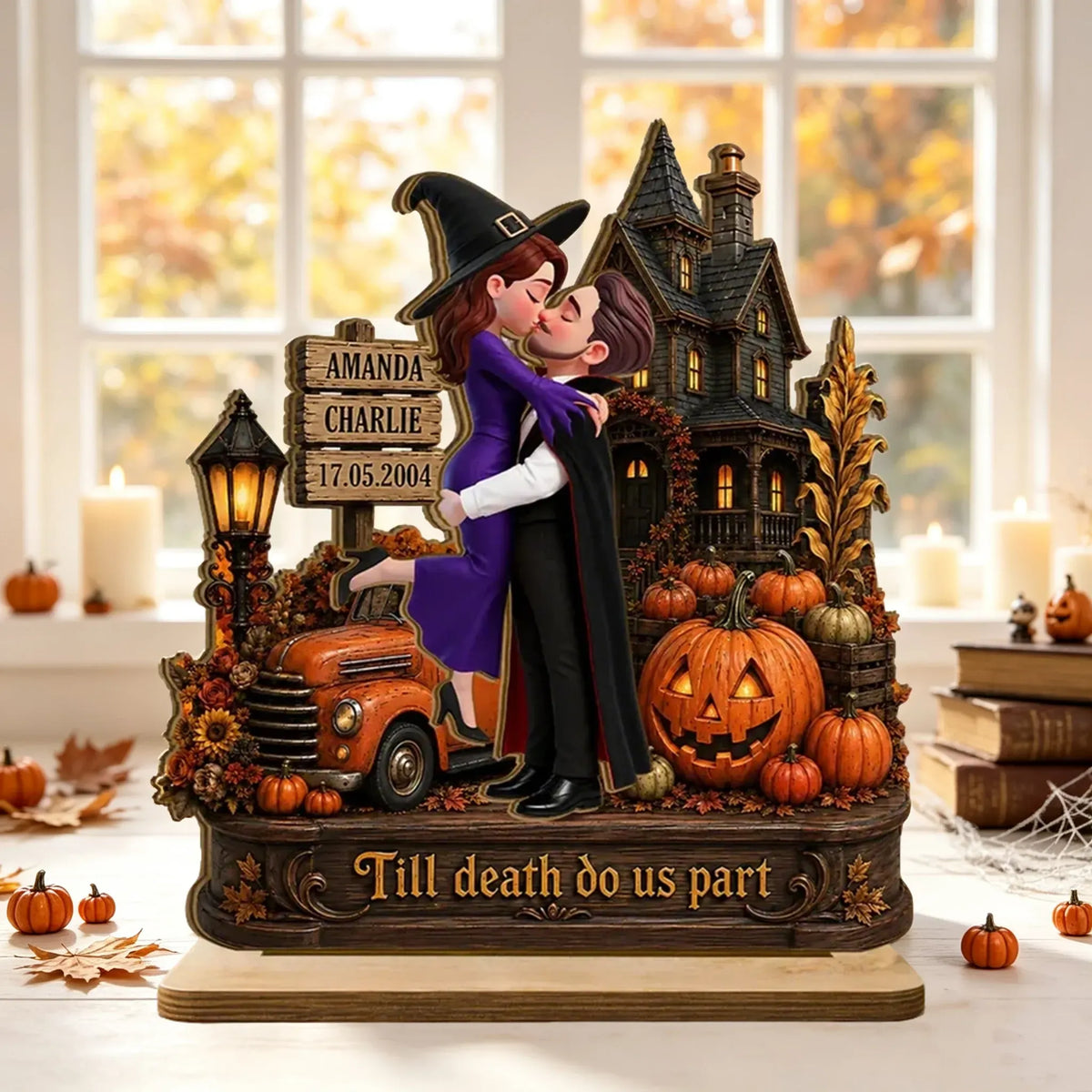 Personalized 2-Layer Wooden Plaque, Witch & Vampire Couple Haunted House Decor, Unique Gift for Couple