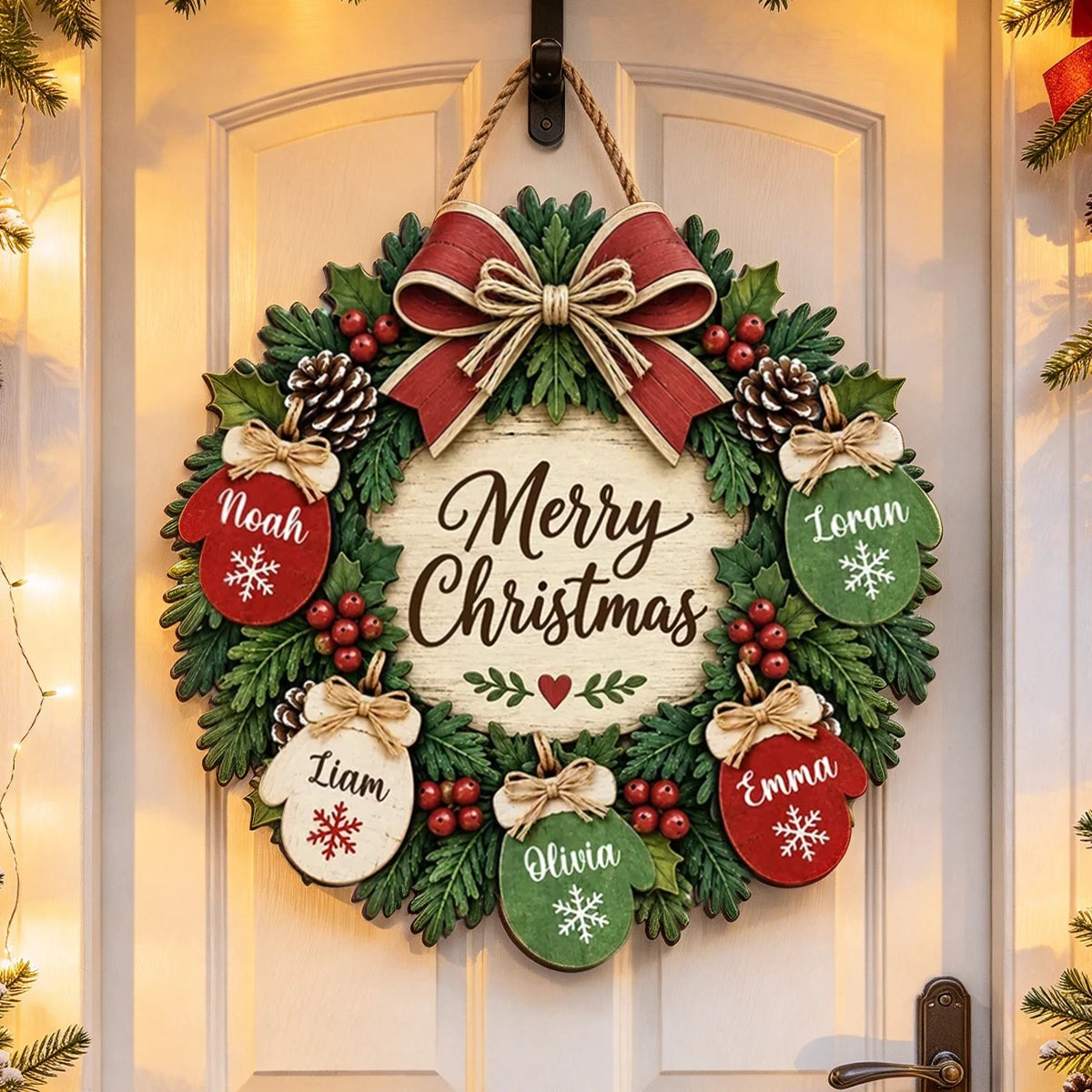 Personalized Christmas Door Sign with Mitten Wreath, Rustic Family Decor, Unique Gift for Grandparents