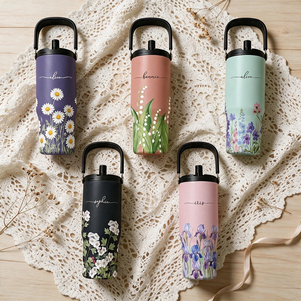Personalized Carry-Handle Flip-Straw Tumbler, Botanical Floral Design, Unique Gift for Her