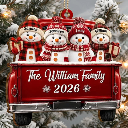 Personalized Wooden Ornament, Smiling Snowman Family in Red Pickup, Unique Holiday Gift for Family