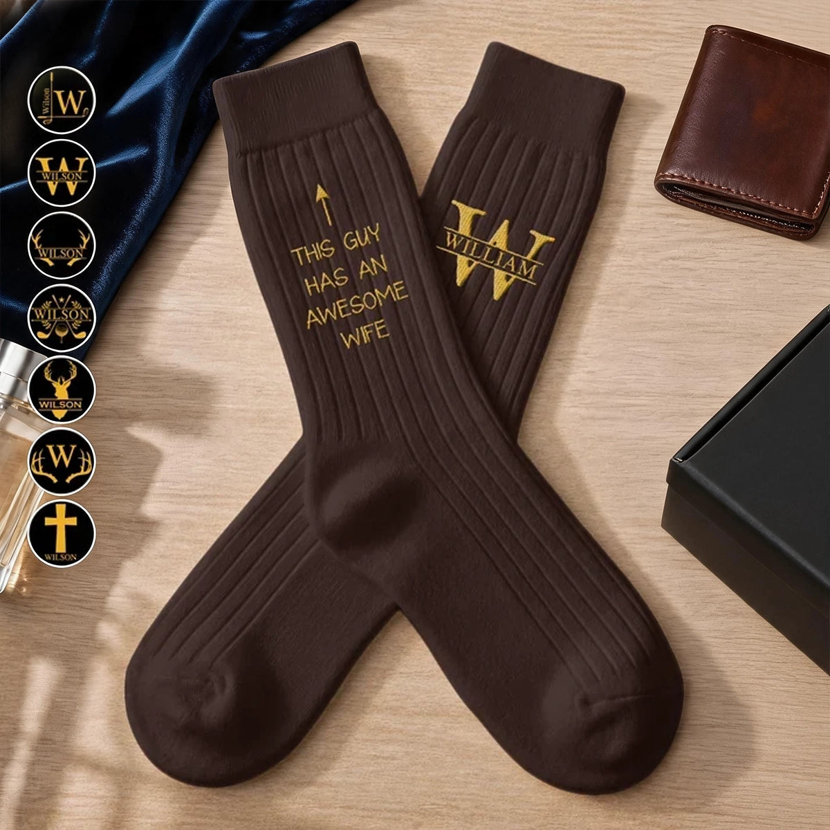 Personalized Embroidered Combed Cotton Socks, Brown and Gold Wife Quote, Creative Gift for Husband